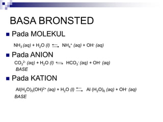 BASA BRONSTED
 Pada MOLEKUL
NH3 (aq) + H2O (l) NH4
+ (aq) + OH- (aq)
 Pada ANION
CO3
2- (aq) + H2O (l) HCO3
- (aq) + OH- (aq)
BASE
 Pada KATION
Al(H2O)5(OH)2+ (aq) + H2O (l) Al (H2O)6 (aq) + OH- (aq)
BASE
 