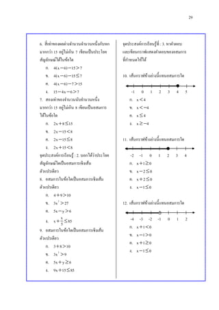 29
6. สี่เท่าของผลต่างจานวนจานวนหนึ่งกับหก
มากกว่า 15 อยู่ไม่เกิน 7 เขียนเป็นประโยค
สัญลักษณ์ได้ในข้อใด
ก. 4(x 6) 15 7  
ข. 4(x 6) 15 7  
ค. 4(x 6) 7 15  
ง. 15 4x 6 7  
7. สองเท่าของจานวนนับจานวนหนึ่ง
มากกว่า 15 อยู่ไม่เกิน 8 เขียนเป็นอสมการ
ได้ในข้อใด
ก. 2x 8 15 
ข. 2x 15 8 
ค. 2x 15 8 
ง. 2x 15 8 
จุดประสงค์การเรียนรู้ : 2. บอกได้ว่าประโยค
สัญลักษณ์ใดเป็นอสมการเชิงเส้น
ตัวแปรเดียว
8. อสมการในข้อใดเป็นอสมการเชิงเส้น
ตัวแปรเดียว
ก. 4 9 10 
ข. 2
3x 27
ค. 5x y 6 
ง.
x
x 855 
9. อสมการในข้อใดเป็นอสมการเชิงเส้น
ตัวแปรเดียว
ก. 3 8 10 
ข. 2
3x 9
ค. 5x y 6 
ง. 9x 15 85 
จุดประสงค์การเรียนรู้ที่ : 3. หาคาตอบ
และเขียนกราฟแสดงคาตอบของอสมการ
ที่กาหนดให้ได้
10. เส้นกราฟข้างล่างนี้แทนอสมการใด
-1 0 1 2 3 4 5
ก. x 4
ข. x 4
ค. x 4
ง. x 4
11. เส้นกราฟข้างล่างนี้แทนอสมการใด
-2 -1 0 1 2 3 4
ก. x 1 0 
ข. x 2 0 
ค. x 2 0 
ง. x 1 0 
12. เส้นกราฟข้างล่างนี้แทนอสมการใด
-4 -3 -2 -1 0 1 2
ก. x 1 0 
ข. x 1 0 
ค. x 1 0 
ง. x 1 0 
 