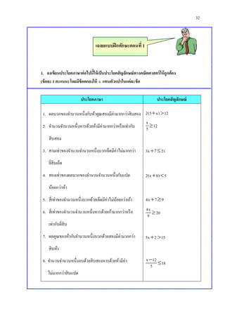 32
เฉลยแบบฝึกทักษะตอนที่ 1
1. จงเขียนประโยคภาษาต่อไปนี้ให้เป็นประโยคสัญลักษณ์ทางคณิตศาสตร์ให้ถูกต้อง
(ข้อละ 1 คะแนน) โดยมีข้อตกลงให้ x แทนตัวแปรในแต่ละข้อ
ประโยคภาษา ประโยคสัญลักษณ์
1. ผลบวกของจานวนหนึ่งกับห้าคูณสองมีค่ามากกว่าสิบสอง
2. จานวนจานวนหนึ่งหารด้วยห้ามีค่ามากกว่าหรือเท่ากับ
สิบสอง
3. สามเท่าของจานวนจานวนหนึ่งบวกเจ็ดมีค่าไม่มากกว่า
ยี่สิบเอ็ด
4. สองเท่าของผลบวกของจานวนจานวนหนึ่งกับแปด
น้อยกว่าห้า
5. สี่เท่าของจานวนหนึ่งบวกด้วยเจ็ดมีค่าไม่น้อยกว่าเก้า
6. สี่เท่าของจานวนจานวนหนึ่งหารด้วยเก้ามากกว่าหรือ
เท่ากับยี่สิบ
7. ผลคูณของห้ากับจานวนหนึ่งบวกด้วยสองมีค่ามากกว่า
สิบห้า
8. จานวนจานวนหนึ่งลบด้วยสิบสองหารด้วยห้ามีค่า
ไม่มากกว่าสิบแปด
2(5 x) 12 
x
125 
3x 7 21 
2(x 8) 5 
4x 7 9 
4x
209 
5x 2 15 
x 12
185


 
