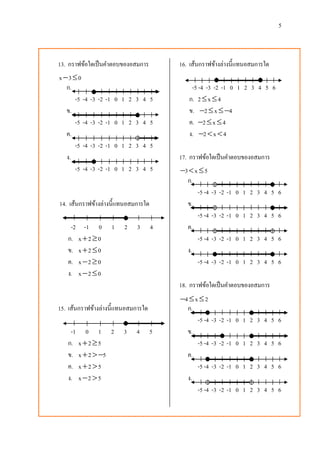 5
13. กราฟข้อใดเป็นคาตอบของอสมการ
x 3 0 
ก.
-5 -4 -3 -2 -1 0 1 2 3 4 5
ข.
-5 -4 -3 -2 -1 0 1 2 3 4 5
ค.
-5 -4 -3 -2 -1 0 1 2 3 4 5
ง.
-5 -4 -3 -2 -1 0 1 2 3 4 5
14. เส้นกราฟข้างล่างนี้แทนอสมการใด
-2 -1 0 1 2 3 4
ก. x 2 0 
ข. x 2 0 
ค. x 2 0 
ง. x 2 0 
15. เส้นกราฟข้างล่างนี้แทนอสมการใด
-1 0 1 2 3 4 5
ก. x 2 5 
ข. x 2 5 
ค. x 2 5 
ง. x 2 5 
16. เส้นกราฟข้างล่างนี้แทนอสมการใด
-5 -4 -3 -2 -1 0 1 2 3 4 5 6
ก. 2 x 4 
ข. 2 x 4  
ค. 2 x 4  
ง. 2 x 4  
17. กราฟข้อใดเป็นคาตอบของอสมการ
3 x 5  
ก.
-5 -4 -3 -2 -1 0 1 2 3 4 5 6
ข.
-5 -4 -3 -2 -1 0 1 2 3 4 5 6
ค.
-5 -4 -3 -2 -1 0 1 2 3 4 5 6
ง.
-5 -4 -3 -2 -1 0 1 2 3 4 5 6
18. กราฟข้อใดเป็นคาตอบของอสมการ
4 x 2  
ก.
-5 -4 -3 -2 -1 0 1 2 3 4 5 6
ข.
-5 -4 -3 -2 -1 0 1 2 3 4 5 6
ค.
-5 -4 -3 -2 -1 0 1 2 3 4 5 6
ง.
-5 -4 -3 -2 -1 0 1 2 3 4 5 6
 