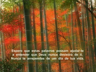 Espero que estas palavras possam ajudar-te
a entender que Deus nunca desistirá de ti.
Nunca te arrependas de um dia de tua vida.

 