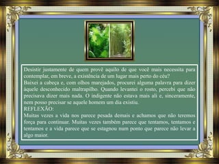 Desistir justamente de quem provê aquilo de que você mais necessita para
contemplar, em breve, a existência de um lugar mais perto do céu?
Baixei a cabeça e, com olhos marejados, procurei alguma palavra para dizer
àquele desconhecido maltrapilho. Quando levantei o rosto, percebi que não
precisava dizer mais nada. O indigente não estava mais ali e, sinceramente,
nem posso precisar se aquele homem um dia existiu.
REFLEXÃO:
Muitas vezes a vida nos parece pesada demais e achamos que não teremos
força para continuar. Muitas vezes também parece que tentamos, tentamos e
tentamos e a vida parece que se estagnou num ponto que parece não levar a
algo maior.
 