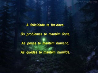 A felicidade te faz doce.

Os problemas te mantêm forte.

As penas te mantêm humano.

As quedas te mantêm humilde.
 
