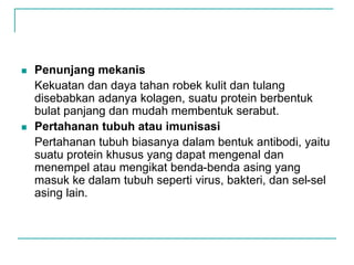  Penunjang mekanis
Kekuatan dan daya tahan robek kulit dan tulang
disebabkan adanya kolagen, suatu protein berbentuk
bulat panjang dan mudah membentuk serabut.
 Pertahanan tubuh atau imunisasi
Pertahanan tubuh biasanya dalam bentuk antibodi, yaitu
suatu protein khusus yang dapat mengenal dan
menempel atau mengikat benda-benda asing yang
masuk ke dalam tubuh seperti virus, bakteri, dan sel-sel
asing lain.
 
