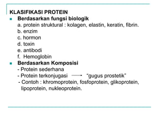 KLASIFIKASI PROTEIN
 Berdasarkan fungsi biologik
a. protein struktural : kolagen, elastin, keratin, fibrin.
b. enzim
c. hormon
d. toxin
e. antibodi
f. Hemoglobin
 Berdasarkan Komposisi
- Protein sederhana
- Protein terkonjugasi “gugus prostetik”
- Contoh : khromoprotein, fosfoprotein, glikoprotein,
lipoprotein, nukleoprotein.
 