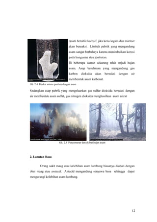 Asam bersifat korosif, jika kena logam dan marmer
                                 akan bereaksi. Limbah pabrik yang mengandung
                                 asam sangat berbahaya karena menimbulkan korosi
                                 pada bangunan atau jembatan.
                                 Di beberapa daerah sekarang telah terjadi hujan
                                 asam. Asap kendaraan yang mengandung gas
                                 karbon    dioksida     akan    bereaksi   dengan   air
                                 membentuk asam karbonat.
Gb. 2.4 Reaksi antara pualam dengan asam

Sedangkan asap pabrik yang mengeluarkan gas sulfur dioksida bereaksi dengan
air membentuk asam sulfat, gas nitrogen dioksida menghasilkan asam nitrat




                         Gb. 2.5 Pencemaran dan akibat hujan asam




2. Larutan Basa

        Orang sakit maag atau kelebihan asam lambung biasanya diobati dengan
obat maag atau antacid. Antacid mengandung senyawa basa sehingga dapat
mengurangi kelebihan asam lambung.




                                                                                    12
 