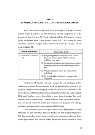 BAB III
    PENERAPAN ASAM,BASA dan GARAM dalam PEMBELAJARAN



       Topik asam, basa dan garam di dalam pembelajaran IPA SMP termasuk
didalam materi Klasifikasi Zat dan merupakan standar kompetensi no 2 dan
kompetensi dasar 2.1 serta 2.2. Topik ini berada di kelas VII semester pertama,
berarti merupakan aspek kimia pertama untuk IPA. Oleh karena itu harus
dilatihkan semenarik mungkin untuk memotivasi materi IPA lainnya. SK/KD
topik ini adalah sbb:

   Standar Kompetensi                         Kompetensi Dasar
 2. Memahami klasifikasi     2.1 Mengelompokkan sifat larutan asam, larutan
    zat                          basa, dan larutan garam melalui alat dan
                                 indikator yang tepat.
                             2.2 Melakukan percobaan sederhana dengan bahan-
                                 bahan yang diperoleh dalam kehidupan sehari-
                                 hari.
                             2.3 Menjelaskan nama unsur dan rumus kimia
                                 sederhana.
                             2.4 Membandingkan sifat unsur, senyawa, dan
                                 campuran.

       Berdasarkan SK dan KD baik no 2.1 maupun 2.2 serta pembagian alokasi
waktu mata pelajaran IPA per semester topik ini dapat disajikan minimal 6 jam
pelajaran dengan catatan waktu yang terbatas ini harus dikelola secara efektif dan
efisien. Semua alat bahan sudah disiapkan dengan baik, bahan ajar sudah lengkap.
LKS sudah dipelajari siswa, dan sebaiknya siswa juga ditugaskan dulu untuk
membaca materi ini sebelumnya. Alokasi waktu ini dapat saja dirubah menjadi 7
jam jika sekolah menambah jumlah jam pelajaran pada pelajaran IPA sehingga
guru dapat mengatur srtategi pembelajarannya lebih leluasa.
       Untuk penyajian 6 jam pembelajaran sesuai dengan KD yang harus dicapai
pada topik ini guru sebaiknya menyusun Silabus dan RPP dengan menganalisis
KD dan menentukan materi yang esensial serta mempresentarikannya dalam
sebuah peta konsep atau struktur makro. Pengurutan materi esensial isi harus



                                                                               32
 