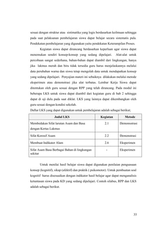 sesuai dengan struktur atau sistimatika yang logis berdasarkan keilmuan sehingga
pada saat pelaksanan pembelajaran siswa dapat belajar secara sistematis pula.
Pendekatan pembelajaran yang digunakan yaitu pendekatan Keterampilan Proses.
       Kegiatan siswa dapat dirancang berdasarkan keperluan agar siswa dapat
menemukan sendiri konsep-konsep yang sedang dipelajari.           Alat-alat untuk
percobaan sangat sederhana, bahan-bahan dapat diambil dari lingkungan, hanya
jika lakmus merah dan biru tidak tersedia guru harus menjelaskannya melalui
data perubahan warna dan siswa tetap mengolah data untuk mendapatkan konsep
yang sedang dipelajari. Penyajian materi ini sebaiknya dilakukan melalui metode
eksperimen atau demonstrasi jika alat terbatas. Lembar Kerja Siswa dapat
ditentukan oleh guru sesuai dengan RPP yang telah dirancang. Pada modul ini
beberapa LKS untuk siswa dapat diambil dari kegiatan guru di bab 2 sehingga
dapat di uji dulu pada saat diklat. LKS yang lainnya dapat dikembangkan oleh
guru sesuai dengan kondisi sekolah.
Daftar LKS yang dapat digunakan untuk pembelajaran adalah sebagai berikut;

                  Judul LKS                           Kegiatan           Metode
Membedakan Sifat larutan Asam dan Basa                   2.1         Demonsstrasi
dengan Kertas Lakmus

Sifat Korosif Asam                                       2.2         Demonstrasi

Membuat Indikator Alam                                   2.6         Eksperimen

Sifat Asam Basa Berbagai Bahan di lingkungan              -          Eksperimen
sekitar


       Untuk menilai hasil belajar siswa dapat digunakan penilaian penguasaan
konsep (kognitif), sikap (afektif) dan praktik ( psikomotor). Untuk pembuatan soal
kognitif harus disesuaikan dengan indikator hasil belajar agar dapat menganalisis
ketuntasan siswa pada KD yang sedang dipelajari. Contoh silabus, RPP dan LKS
adalah sebagai berikut.




                                                                               33
 
