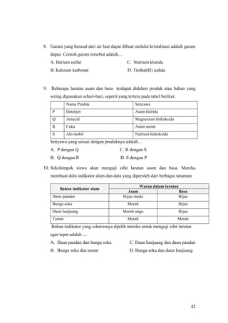8. Garam yang berasal dari air laut dapat dibuat melalui kristalisasi adalah garam
   dapur. Contoh garam tersebut adalah....
   A. Barium sulfat                            C. Natrium klorida
   B. Kalsium karbonat                         D. Timbal(II) iodida


9. Beberapa larutan asam dan basa terdapat didalam produk atau bahan yang
   sering digunakan sehari-hari, seperti yang tertera pada tabel berikut.
            Nama Produk                            Senyawa
    P       Deterjen                               Asam klorida
    Q       Antacid                                Magnesium hidroksida
    R       Cuka                                   Asam asetat
    S       Aki mobil                              Natrium hidroksida
   Senyawa yang sesuai dengan produknya adalah....
   A. P dengan Q                          C. R dengan S
   B. Q dengan R                          D. S dengan P

10. Sekelompok siswa akan menguji sifat larutan asam dan basa. Mereka
   membuat dulu indikator alam dan data yang diperoleh dari berbagai tanaman

                                                     Warna dalam larutan
        Bahan indikator alam
                                               Asam                      Basa
    Daun pandan                              Hijau muda                 Hijau
    Bunga soka                                 Merah                        Hijau
    Daun hanjuang                            Merah ungu                     Hijau
    Tomat                                      Merah                        Merah
    Bahan indikator yang seharusnya dipilih mereka untuk menguji sifat larutan
   agar tepat adalah ....
   A. Daun pandan dan bunga soka                C. Daun hanjuang dan daun pandan
   B. Bunga soka dan tomat                      D. Bunga soka dan daun hanjuang




                                                                                    42
 