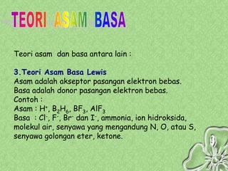 Teori asam dan basa antara lain :

3.Teori Asam Basa Lewis
Asam adalah akseptor pasangan elektron bebas.
Basa adalah donor pasangan elektron bebas.
Contoh :
Asam : H+, B2H6, BF3, AlF3
Basa : Cl-, F-, Br- dan I-, ammonia, ion hidroksida,
molekul air, senyawa yang mengandung N, O, atau S,
senyawa golongan eter, ketone.
 