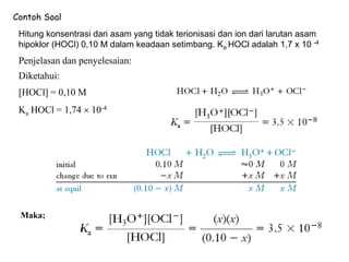 Contoh Soal
Hitung konsentrasi dari asam yang tidak terionisasi dan ion dari larutan asam
hipoklor (HOCl) 0,10 M dalam keadaan setimbang. Ka HOCl adalah 1,7 x 10 -4
Penjelasan dan penyelesaian:
Maka;
Diketahui:
[HOCl] = 0,10 M
Ka HOCl = 1,74  10-4
 