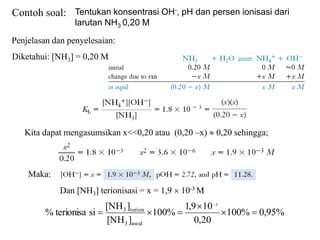 Contoh soal: Tentukan konsentrasi OH-, pH dan persen ionisasi dari
larutan NH3 0,20 M
Penjelasan dan penyelesaian:
Kita dapat mengasumsikan x<<0,20 atau (0,20 –x)  0,20 sehingga;
Maka:
Dan [NH3] terionisasi = x = 1,9  10-3 M
%
95
,
0
%
100
20
,
0
10
9
,
1
%
100
]
[NH
]
[NH
si
terionisa
%
3
awal
3
terion
3







Diketahui: [NH3] = 0,20 M
 