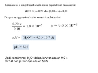 Dengan menggunakan kedua asumsi tersebut maka:
Jadi konsentrasi H3O+ dalam larutan adalah 9,0 
10-6 M dan pH larutan adalah 5,05
Karena nilai x sangat kecil sekali, maka dapat dibuat dua asumsi:
(0,20 +x)  0,20 dan (0,10 – x)  0,10
 