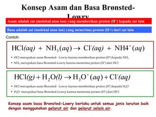 Konsep Asam dan Basa Brønsted-
Lowry
Asam adalah zat (molekul atau ion) yang memberikan proton (H+) kepada zat lain
Contoh:
Basa adalah zat (molekul atau ion) yang menerima proton (H+) dari zat lain
)
(
NH4
Cl
)
(
NH
HCl -
3 aq
(aq)
aq
(aq) 



• HCl merupakan asam Bronsted- Lowry karena memberikan proton (H+) kepada NH3
• NH3 merupakan basa Bronsted-Lowry karena menerima proton (H+) dari HCl
(aq)
aq
(l)
(g) -
3
2 Cl
)
(
O
H
O
H
HCl 

 
• HCl merupakan asam Bronsted- Lowry karena memberikan proton (H+) kepada H2O
• H2O merupakan basa Bronsted-Lowry karena menerima proton (H+) dari HCl
Konsep asam basa Bronsted-Lowry berlaku untuk semua jenis larutan baik
dengan menggunakan pelarut air dan pelarut selain air.
 