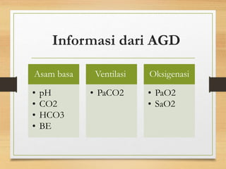 Informasi dari AGD
Asam basa
• pH
• CO2
• HCO3
• BE
Ventilasi
• PaCO2
Oksigenasi
• PaO2
• SaO2
 