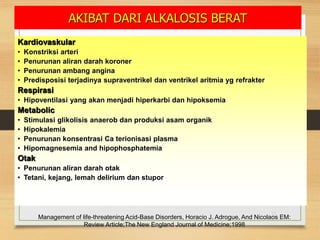AKIBAT DARI ALKALOSIS BERAT
12
Kardiovaskular
• Konstriksi arteri
• Penurunan aliran darah koroner
• Penurunan ambang angina
• Predisposisi terjadinya supraventrikel dan ventrikel aritmia yg refrakter
Respirasi
• Hipoventilasi yang akan menjadi hiperkarbi dan hipoksemia
Metabolic
• Stimulasi glikolisis anaerob dan produksi asam organik
• Hipokalemia
• Penurunan konsentrasi Ca terionisasi plasma
• Hipomagnesemia and hipophosphatemia
Otak
• Penurunan aliran darah otak
• Tetani, kejang, lemah delirium dan stupor
Management of life-threatening Acid-Base Disorders, Horacio J. Adrogue, And Nicolaos EM:
Review Article;The New England Journal of Medicine;1998
 