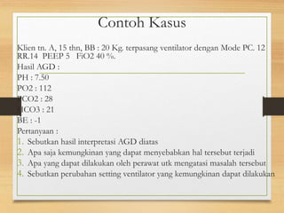 Contoh Kasus
Klien tn. A, 15 thn, BB : 20 Kg. terpasang ventilator dengan Mode PC. 12
RR.14 PEEP 5 FiO2 40 %.
Hasil AGD :
PH : 7.50
PO2 : 112
PCO2 : 28
HCO3 : 21
BE : -1
Pertanyaan :
1. Sebutkan hasil interpretasi AGD diatas
2. Apa saja kemungkinan yang dapat menyebabkan hal tersebut terjadi
3. Apa yang dapat dilakukan oleh perawat utk mengatasi masalah tersebut
4. Sebutkan perubahan setting ventilator yang kemungkinan dapat dilakukan
 
