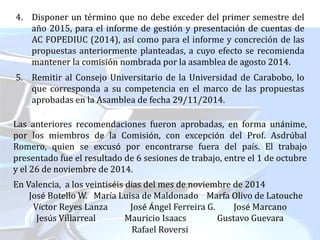 4. Disponer un término que no debe exceder del primer semestre del
año 2015, para el informe de gestión y presentación de cuentas de
AC FOPEDIUC (2014), así como para el informe y concreción de las
propuestas anteriormente planteadas, a cuyo efecto se recomienda
mantener la comisión nombrada por la asamblea de agosto 2014.
5. Remitir al Consejo Universitario de la Universidad de Carabobo, lo
que corresponda a su competencia en el marco de las propuestas
aprobadas en la Asamblea de fecha 29/11/2014.
Las anteriores recomendaciones fueron aprobadas, en forma unánime,
por los miembros de la Comisión, con excepción del Prof. Asdrúbal
Romero, quien se excusó por encontrarse fuera del país. El trabajo
presentado fue el resultado de 6 sesiones de trabajo, entre el 1 de octubre
y el 26 de noviembre de 2014.
En Valencia, a los veintiséis días del mes de noviembre de 2014
José Botello W. María Luisa de Maldonado Marfa Olivo de Latouche
Víctor Reyes Lanza José Ángel Ferreira G. José Marcano
Jesús Villarreal Mauricio Isaacs Gustavo Guevara
Rafael Roversi
 