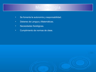 Metodología
• Se fomenta la autonomía y responsabilidad.
• Deberes de Lengua y Matemáticas.
• Necesidades fisiológicas.
• Cumplimiento de normas de clase.
 