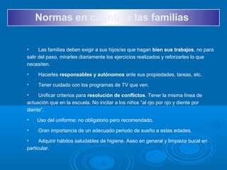 Normas en cuanto a las familias
• Las familias deben exigir a sus hijos/as que hagan bien sus trabajos, no para
salir del paso, mirarles diariamente los ejercicios realizados y reforzarles lo que
necesiten.
• Hacerles responsables y autónomos ante sus propiedades, tareas, etc.
• Tener cuidado con los programas de TV que ven.
• Unificar criterios para resolución de conflictos. Tener la misma línea de
actuación que en la escuela. No incitar a los niños “al ojo por ojo y diente por
diente”.
• Uso del uniforme: no obligatorio pero recomendado.
• Gran importancia de un adecuado periodo de sueño a estas edades.
• Adquirir hábitos saludables de higiene. Aseo en general y limpieza bucal en
particular.
 