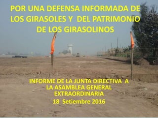 POR UNA DEFENSA INFORMADA DE
LOS GIRASOLES Y DEL PATRIMONIO
DE LOS GIRASOLINOS
INFORME DE LA JUNTA DIRECTIVA A
LA ASAMBLEA GENERAL
EXTRAORDINARIA
18 Setiembre 2016
1
 