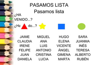 PASAMOS LISTA
Pasamos lista
¿HA
VENIDO...?
¿Ha venido...?
JAIME
CLAUDIA
IRENE
FELIPE
JUAN
DANIELA
HUGO
ELENA
VICENTE
ÁNGEL
GIMENA
MARTA
MIGUEL
ANA
LUIS
ANTONIO
CRISTINA
LUCIA
SARA
JUANMA
INÉS
TERESA
ALBERTO
RUBÉN
 