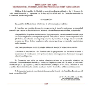 Proposición no de ley aprobada en la Asamblea de Madrid sobre tareas extraescolares
