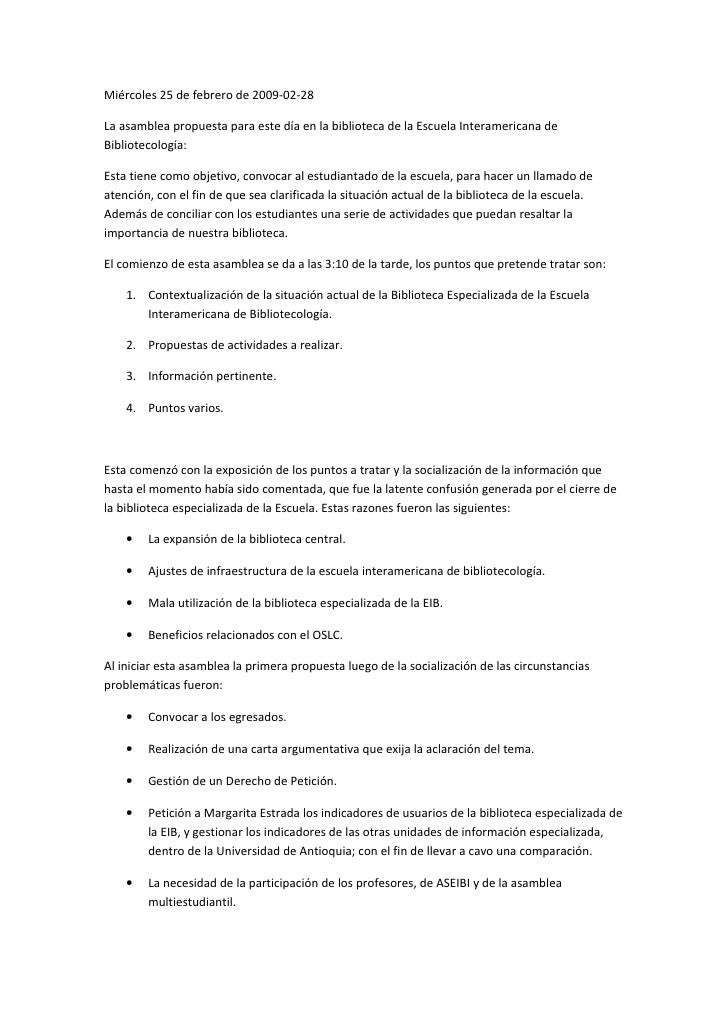 Miércoles 25 de febrero de 2009-02-28

La asamblea propuesta para este día en la biblioteca de la Escuela Interamericana d...