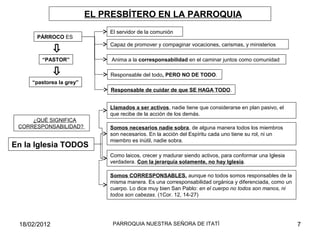 EL PRESBÍTERO EN LA PARROQUIA
PÁRROCO ES
El servidor de la comunión
Capaz de promover y compaginar vocaciones, carismas, y ministerios
Anima a la corresponsabilidad en el caminar juntos como comunidad“PASTOR”
“pastorea la grey”
Responsable del todo, PERO NO DE TODO.
Responsable de cuidar de que SE HAGA TODO.
¿QUÉ SIGNIFICA
CORRESPONSABILIDAD?
Somos CORRESPONSABLES, aunque no todos somos responsables de la
misma manera. Es una corresponsabilidad orgánica y diferenciada, como un
cuerpo. Lo dice muy bien San Pablo: en el cuerpo no todos son manos, ni
todos son cabezas. (1Cor. 12, 14-27)
Llamados a ser activos, nadie tiene que considerarse en plan pasivo, el
que recibe de la acción de los demás.
Somos necesarios nadie sobra, de alguna manera todos los miembros
son necesarios. En la acción del Espíritu cada uno tiene su rol, ni un
miembro es inútil, nadie sobra.
Como laicos, crecer y madurar siendo activos, para conformar una Iglesia
verdadera. Con la jerarquía solamente, no hay Iglesia.
En la Iglesia TODOS
18/02/2012 7PARROQUIA NUESTRA SEÑORA DE ITATÍ
 