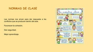 NORMAS DE CLASE
Las normas nos sirven para dar respuesta a los
conflictos que se producen dentro del aula.
Favorecen la cohesión.
Dan seguridad.
Mejor aprendizaje.
 