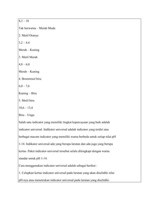 8,3 – 10

Tak berwarna – Merah Muda

2. Metil Oranye

3,2 – 4,4

Merah – Kuning

3. Metil Merah

4,8 – 6,0

Merah – Kuning

4. Bromtimol biru

6,0 – 7,6

Kuning – Biru

5. Metil biru

10,6 – 13,4

Biru – Ungu

Salah satu indicator yang memiliki tingkat kepercayaan yang baik adalah

indicator universal. Indikator universal adalah indicator yang terdiri atas

berbagai macam indicator yang memiliki warna berbeda untuk setiap nilai pH

1-14. Indikator universal ada yang berupa larutan dan ada juga yang berupa

kertas. Paket indicator universal tersebut selalu dilengkapi dengan warna

standar untuk pH 1-14.

Cara menggunakan indicator universal adalah sebagai berikut :

1. Celupkan kertas indicator universal pada larutan yang akan diselidiki nilai

pH-nya atau meneteskan indicator universal pada larutan yang diselidiki.
 