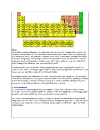 1.Asam
Kamu sudah mengetahui jika asam merupakan salah satu penyusun dari berbagai bahan makanan dan
minuman, misalnya cuka, keju, dan buah-buahan. Menurut Arrhenius, asam adalah zat yang dalam air
akan melepaskan ion H+. Jadi, pembawa sifat asam adalah ion H+ (ion hidrogen), sehingga rumus kimia
asam selalu mengandung atom hidrogen. Tahukah kamu perbedaan antara ion, kation, dan anion? Ion
adalah atom atau sekelompok atom yang bermuatan listrik. Kation adalah ion yang bermuatan listrik
positif. Adapun anion adalah ion yang bermuatan listrik negatif.

Sifat khas lain dari asam adalah dapat bereaksi dengan berbagai bahan seperti logam, marmer, dan
keramik. Reaksi antara asam dengan logam bersifat korosif. Contohnya, logam besi dapat bereaksi cepat
dengan asam klorida (HCl) membentuk Besi (II) klorida (FeCl2).

Berdasarkan asalnya, asam dikelompokkan dalam 2 golongan, yaitu asam organik dan asam anorganik.
Tahukah kamu apa bedanya? Asam organik umumnya bersifat asam lemah, korosif, dan banyak terdapat
di alam. Asam anorganik umumnya bersifat asam kuat dan korosif. Karena sifat-sifatnya itulah, maka
asam-asam anorganik banyak digunakan di berbagai kebutuhan manusia.

2. Basa (Hidroksida)
Jika kamu mencuci tangan dengan sabun, apa yang kamu rasakan pada tanganmu? Dalam keadaan
murni, basa umumnya berupa kristal padat dan bersifat kaustik. Beberapa produk rumah tangga seperti
deodoran, obat maag (antacid) dan sabun serta deterjen mengandung basa.

Basa adalah suatu senyawa yang jika dilarutkan dalam air (larutan) dapat melepaskan ion hidroksida
(OH-). Oleh karena itu, semua rumus kimia basa umumnya mengandung gugus OH. Jika diketahui rumus
kimia suatu basa, maka untuk memberi nama basa, cukup dengan menyebut nama logam dan diikuti
kata hidroksida.
 