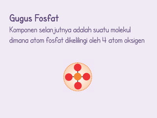Gugus Fosfat
Komponen selanjutnya adalah suatu molekul
dimana atom fosfat dikelilingi oleh 4 atom oksigen
 