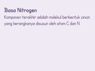 Basa Nitrogen
Komponen terakhir adalah molekul berbentuk cincin
yang kerangkanya disusun oleh atom C dan N
 