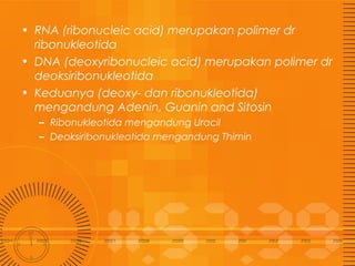• RNA (ribonucleic acid) merupakan polimer dr
ribonukleotida
• DNA (deoxyribonucleic acid) merupakan polimer dr
deoksiribonukleotida
• Keduanya (deoxy- dan ribonukleotida)
mengandung Adenin, Guanin and Sitosin
– Ribonukleotida mengandung Uracil
– Deoksiribonukleotida mengandung Thimin

 