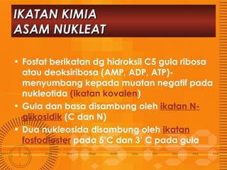 IKATAN KIMIA
ASAM NUKLEAT
• Fosfat berikatan dg hidroksil C5 gula ribosa
atau deoksiribosa (AMP, ADP, ATP)menyumbang kepada muatan negatif pada
nukleotida (ikatan kovalen)
• Gula dan basa disambung oleh ikatan Nglikosidik (C dan N)
• Dua nukleosida disambung oleh ikatan
fosfodiester pada 5’C dan 3’ C pada gula

 