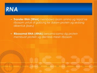 RNA
– Transfer RNA (tRNA) membawa asam amino yg tepat ke
ribosom untuk di gabung ke dalam protein yg sedang
dibentuk (baru)
– Ribosomal RNA (rRNA) bersama-sama dg protein
membuat protein yg disintesis mesin ribosom

 