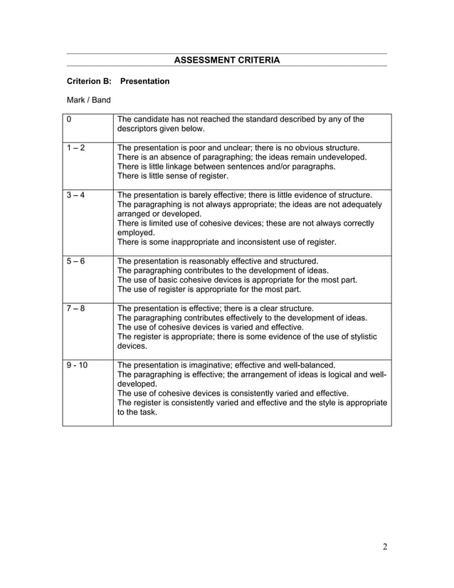 A sample of assessment criteria