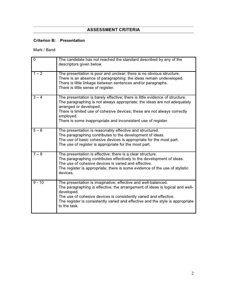 A sample of assessment criteria