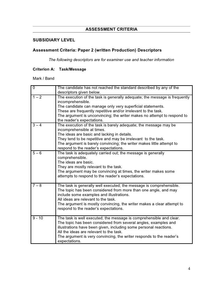 A sample of assessment criteria