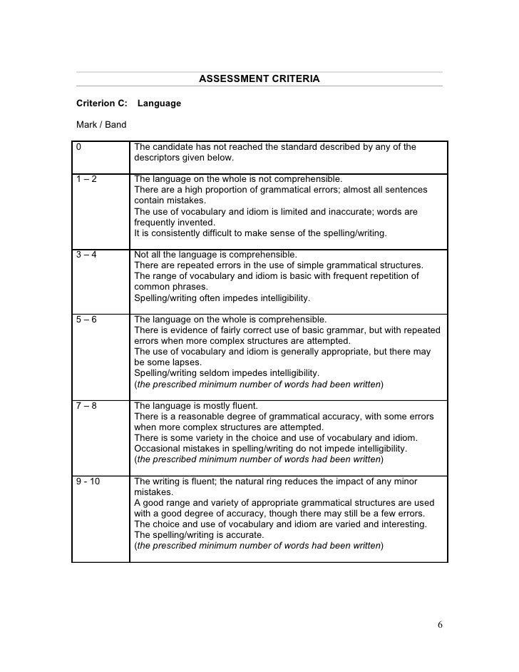 A sample of assessment criteria