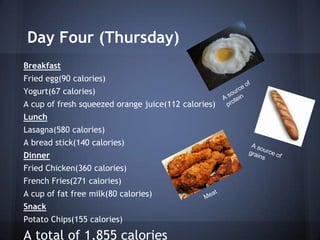 Day Four (Thursday)
Breakfast
Fried egg(90 calories)
Yogurt(67 calories)
A cup of fresh squeezed orange juice(112 calories)
Lunch
Lasagna(580 calories)
A bread stick(140 calories)
Dinner
Fried Chicken(360 calories)
French Fries(271 calories)
A cup of fat free milk(80 calories)
Snack
Potato Chips(155 calories)

A total of 1,855 calories
 