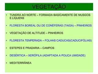 VEGETAÇÃO TUNDRA AO NORTE – FORMADA BASICAMENTE DE MUSGOS E LÍQUENS FLORESTA BOREAL OU DE CONÉFERAS (TAIGA) – PINHEIROS VEGETAÇÃO DE ALTITUDE – PINHEIROS FLORESTA TEMPERADA – FOLHAS CADUCAS(CADUCIFÓLIAS) ESTEPES E PRADARIA – CAMPOS DESÉRTICA – XERÓFILA (ADAPTADA A POUCA UMIDADE) MEDITERRÂNEA  