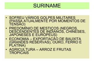 SURINAME SOFREU VÁRIOS GOLPES MILITARES (PASSA ATUALMENTE POR MOMENTOS DE TENSÃO) PREDOMÍNIO DE MESTIÇOS (NEGROS, DESCENDENTES DE INDIANOS, CHINESES, JAPONESES E EUROPEUS) ECONOMIA – EXPORTAÇÃO DE BAUXITA (GRANDES RESERVAS), OURO, FERRO E PLATINA) AGRICULTURA – ARROZ E FRUTAS TROPICAIS 