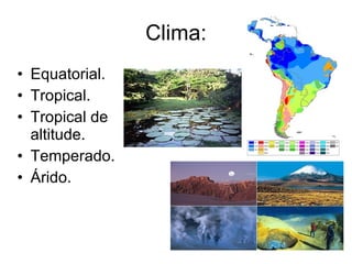 Clima: Equatorial. Tropical. Tropical de altitude. Temperado. Árido. 