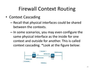 Firewall Context Routing
• Context Cascading
  – Recall that physical interfaces could be shared
    between the contexts.
  – In some scenarios, you may even configure the
    same physical interface as the inside for one
    context and outside for another. This is called
    context cascading. *Look at the figure below:




                                                      28
 