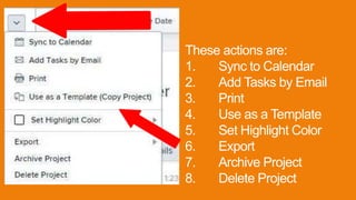These actions are:
1. Sync to Calendar
2. Add Tasks by Email
3. Print
4. Use as a Template
5. Set Highlight Color
6. Export
7. Archive Project
8. Delete Project
 