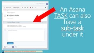 Relee Cruz * virtualreleecruz.wordpress.com * virtualreleecruz@gmail.com
An Asana
TASK can also
have a
sub-task
under it
 