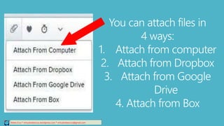 Relee Cruz * virtualreleecruz.wordpress.com * virtualreleecruz@gmail.com
You can attach files in
4 ways:
1. Attach from computer
2. Attach from Dropbox
3. Attach from Google
Drive
4. Attach from Box
 