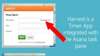 Harvest is a
Timer App
integrated with
the Asana task
pane
Relee Cruz * virtualreleecruz.wordpress.com * virtualreleecruz@gmail.com
 